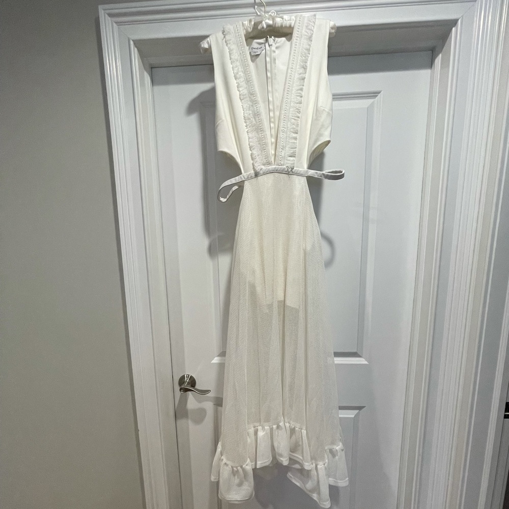 Bebe Deep Fringe Mesh Maxi Dress Women's Dress Egret